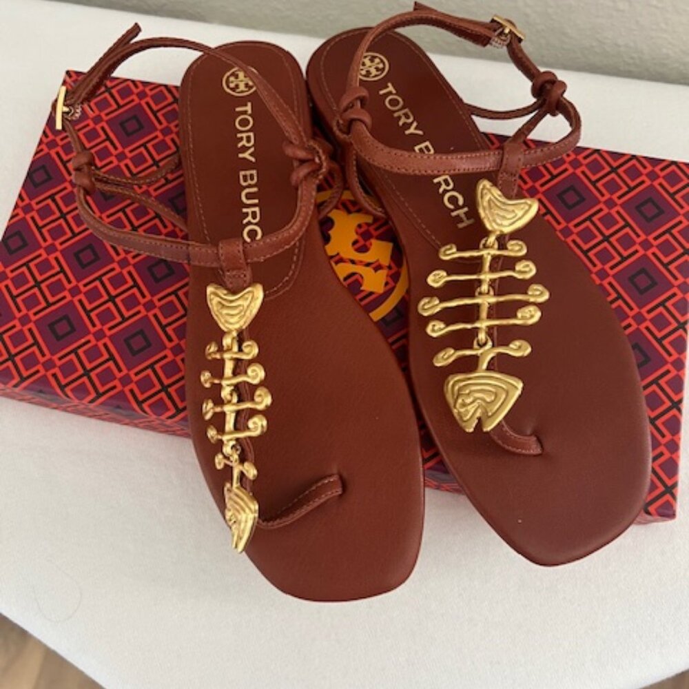 Tory Burch Brown Leather T-Strap Sandals with Gold Hardware - Picture 10 of 11